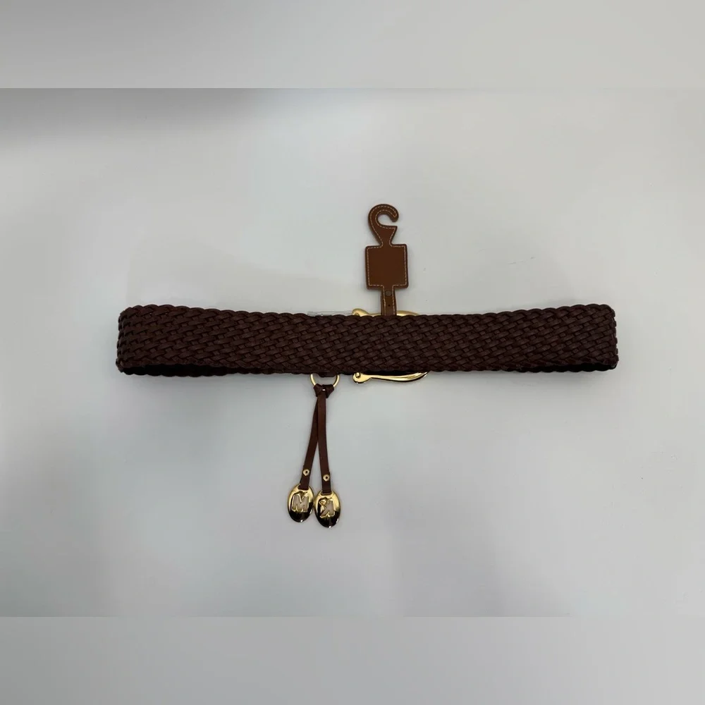 Michael Kors Brown Braided Leather Belt Gold Buckle Tassel Charm Boho Chic SZ M